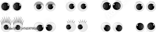 A set of plastic toy eyes. Glossy, bulging, puppet eyes. Cute, round, vector, isolated elements. Look down, up, left, right. Different, shaking, silly, hilarious pairs of eyeballs. Vector illustration