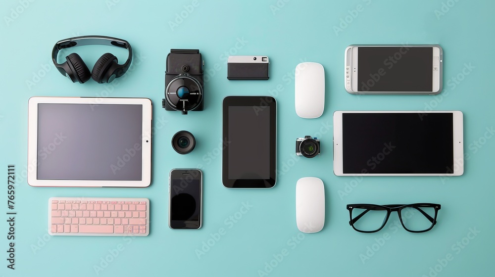 Various contemporary gadgets against a colored backdrop