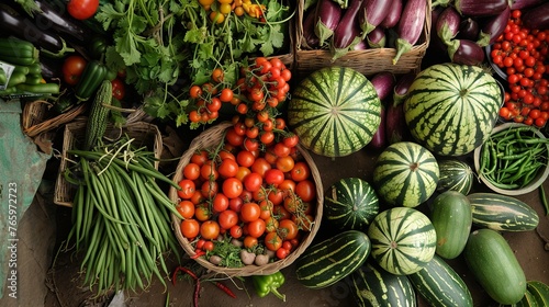 A colorful array of fresh vegetables and fruits  including tomatoes  eggplants  green beans  zucchini  watermelons  melon vines  and chayote. The photo was taken from above  with the background featur