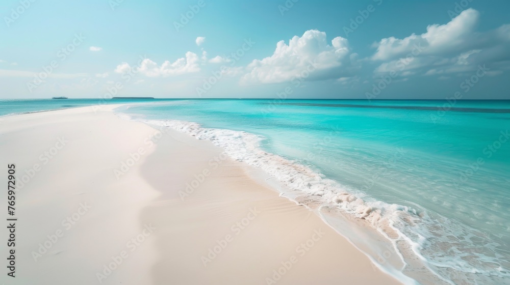 A serene beach scene, with white sand and turquoise waters stretching out to the horizon