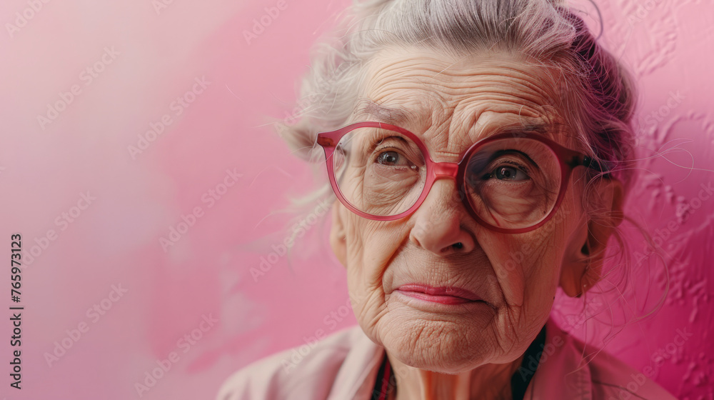 Cool grandma in cool and modern fashion wearing glasses on soft colors colorful background. Cool grandma in cool and modern fashion wearing glasses on soft colors colorful background.