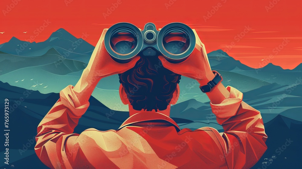 Man gazing far ahead through large binoculars, searching for something. Someone is keeping a close eye on someone. Boy has field glasses on when he travels. Vector illustration 