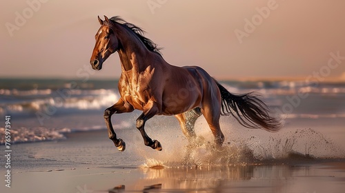 Realistic style photography - Andalusian breed horse running along a desert beach in sunset light. The horse runs and jumps along the beach shore at full speed  kicking up sand and water in its wake. 