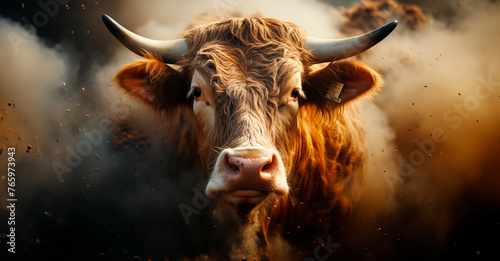 Portrait of a bull, buffalo, lots of dust around.