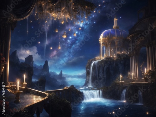 "Starry Cascades: Enchanting Waterfalls in Celestial Night"