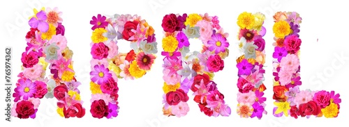 word april with various colorful flowers photo