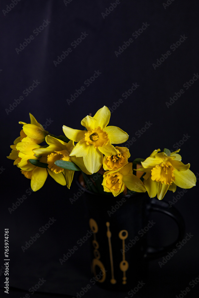 Bouquet of yellow daffodils in a cup on a black background.
