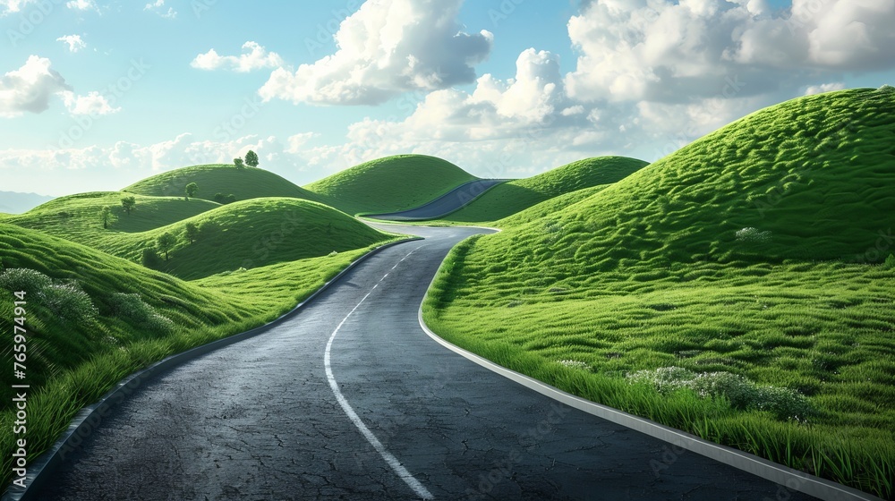 Road passing through verdant hills, 3D vector illustration - obrazy, fototapety, plakaty 