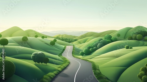 Road passing through verdant hills, 3D vector illustration photo