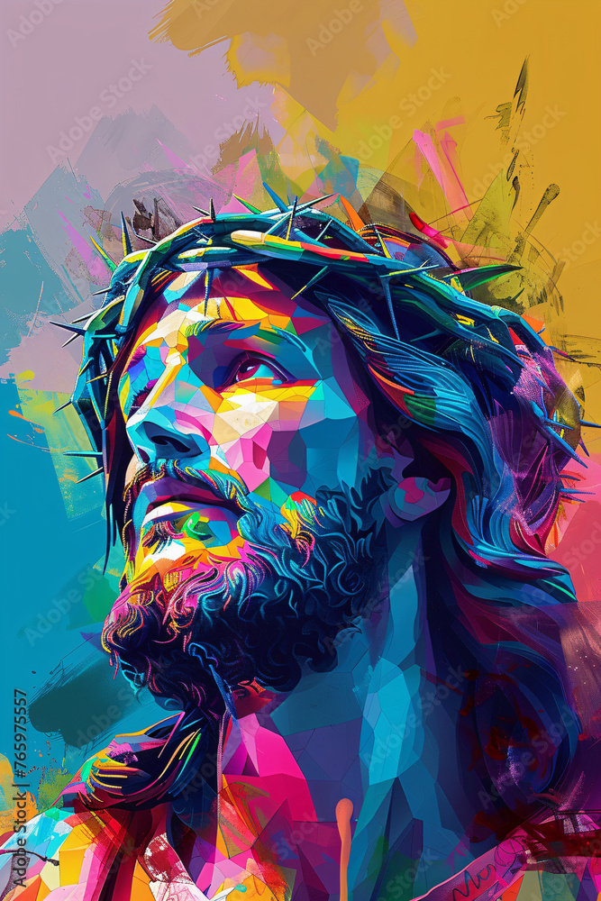 Jesus Christ with crown of thorns praying to god. Religion and christianity concept. Easter holiday. Artistic abstract background - obrazy, fototapety, plakaty 