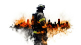 Double-exposure photo of a firefighter and a city on fire on a background with spaces for copying. Generative AI