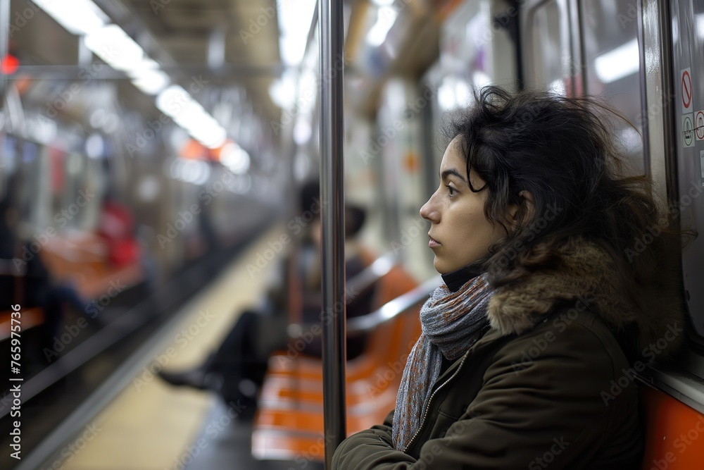 Woman seated on a train, gazing out the window as the metro tube travels.