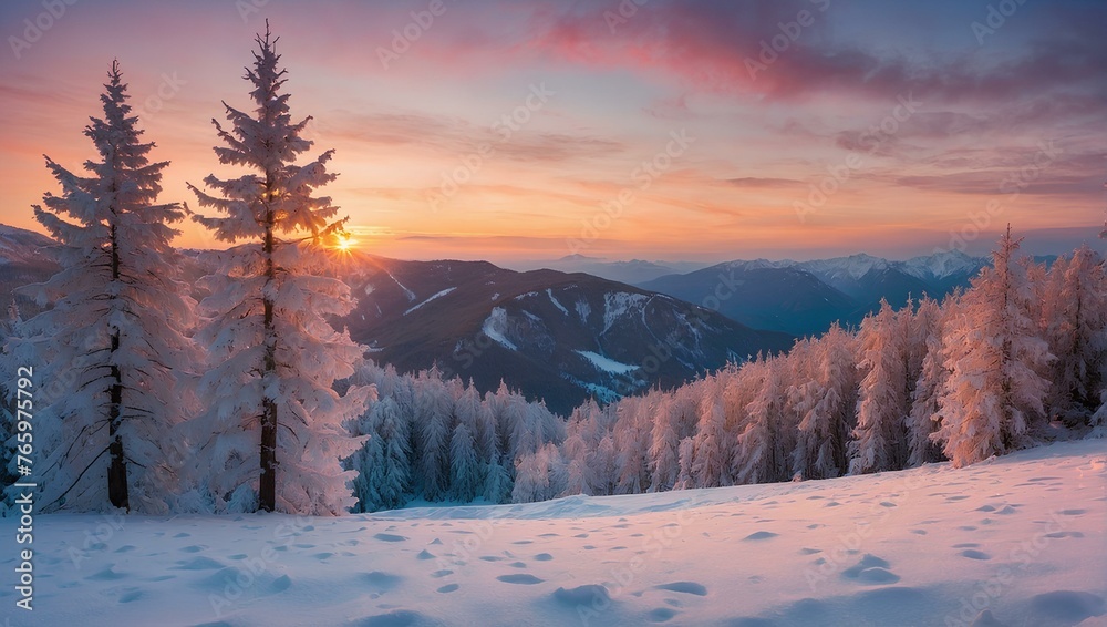 A winter landscape, a vibrant sunrise on the snow-covered trees and mountains