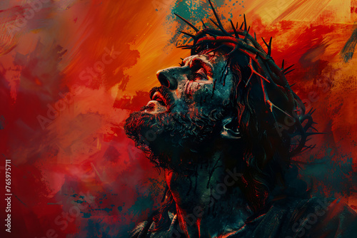 Jesus Christ with crown of thorns praying to god. Religion and christianity concept. Easter holiday. Artistic abstract background © ratatosk