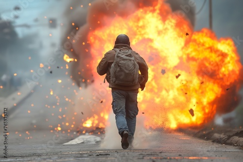 A man urgently running away from a large fire engulfing the background.