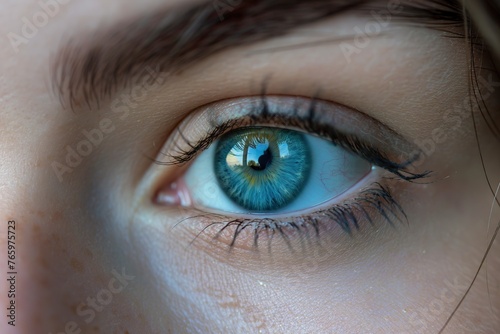 A detailed view of a persons blue eye, showcasing the intricate details and color.