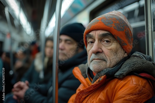 A man wearing an orange jacket and beanie riding the subway.