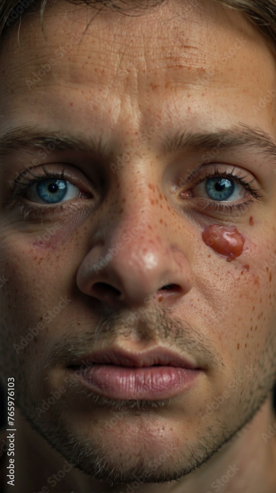 A man with a bruise on his face and blue eyes. Generative AI. A man with a bruise on his face and blue eyes. Generative AI.