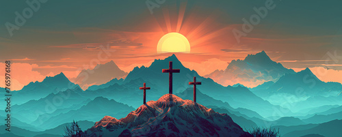 Ethereal Easter Morning - Triad of Crosses Crown the Summit in a Digital Illustration with a Sunburst Over Teal Mountain Silhouettes