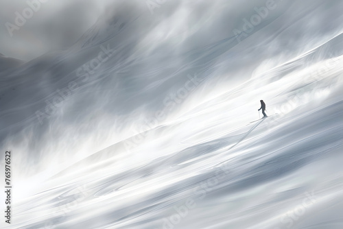Cinematic slow motion camera photography of one skiing man in the snow mountins landscape, awesome blur art photo of a skier in high speed in a glacier, ai generated