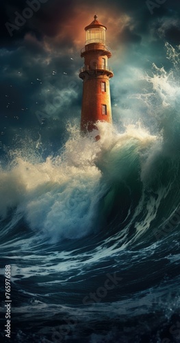 A lighthouse is shown in the middle of a large wave. Generative AI.
