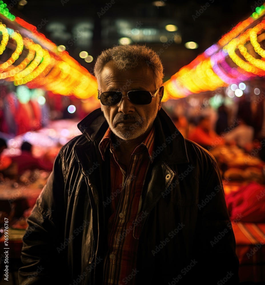 A man in sunglasses standing next to a row of lights. Generative AI.