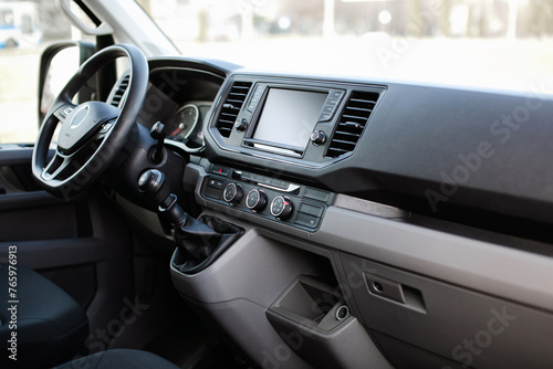 modern van interior dashboard close up.