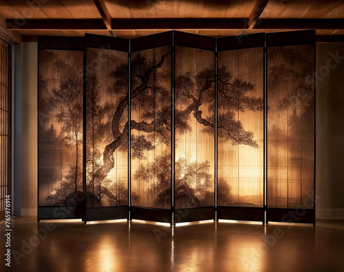 Japanese decorative panel with a tree painted in ink style, folding screen room divider.

 photo