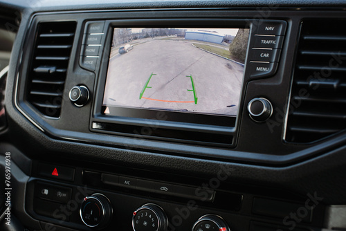 rear view camera is displayed on the monitor in the car.