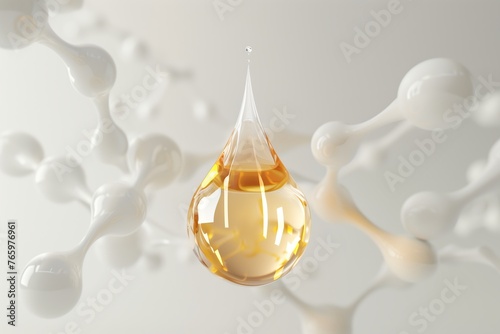 A drop of oil is suspended in a cloud of white spheres