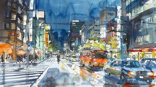 Japanese urban still life in watercolor style