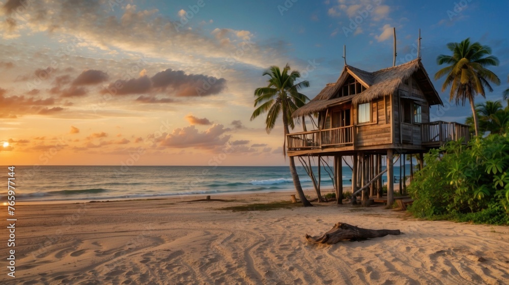 A small house on the beach with palm trees and a sunset. Generative AI. A small house on the beach with palm trees and a sunset. Generative AI.
