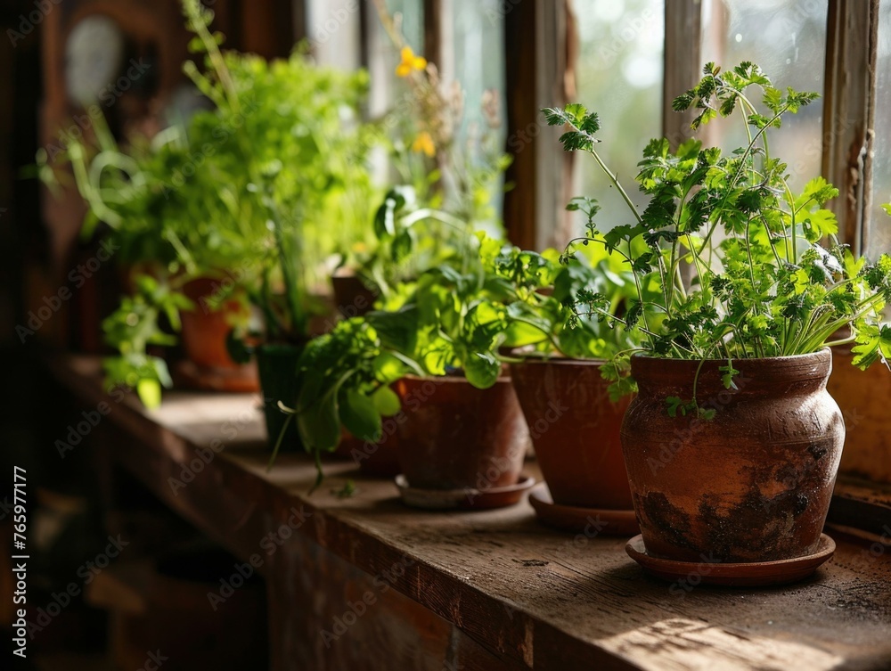 A row of pots filled with plants sit on a window sill. Generative AI.