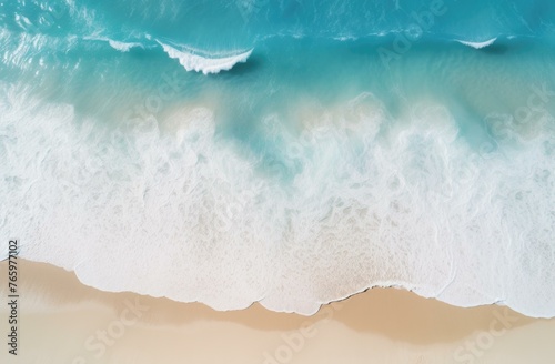 An aerial view of a beach with waves and sand. Generative AI.
