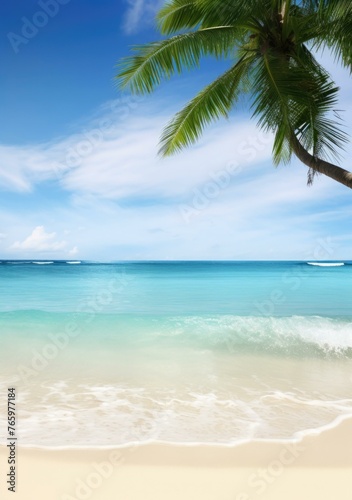 A beach with a palm tree and the ocean in front of it. Generative AI.