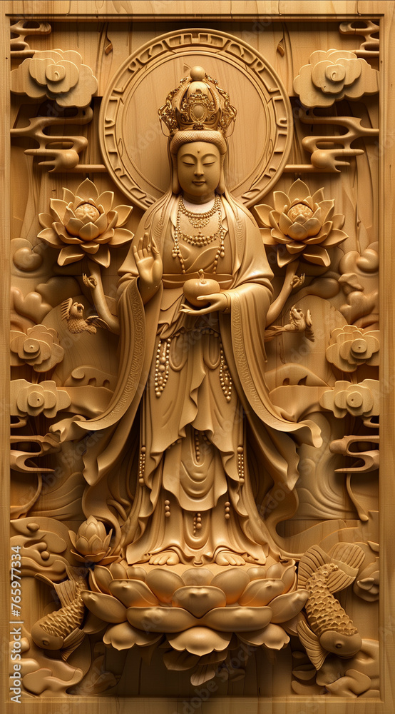 3D wood carving of the Guanyin Bodhisattva, with a golden halo and lotus flowers behind her back, surrounded by auspicious clouds on a golden background with a golden border. This is a full body portr