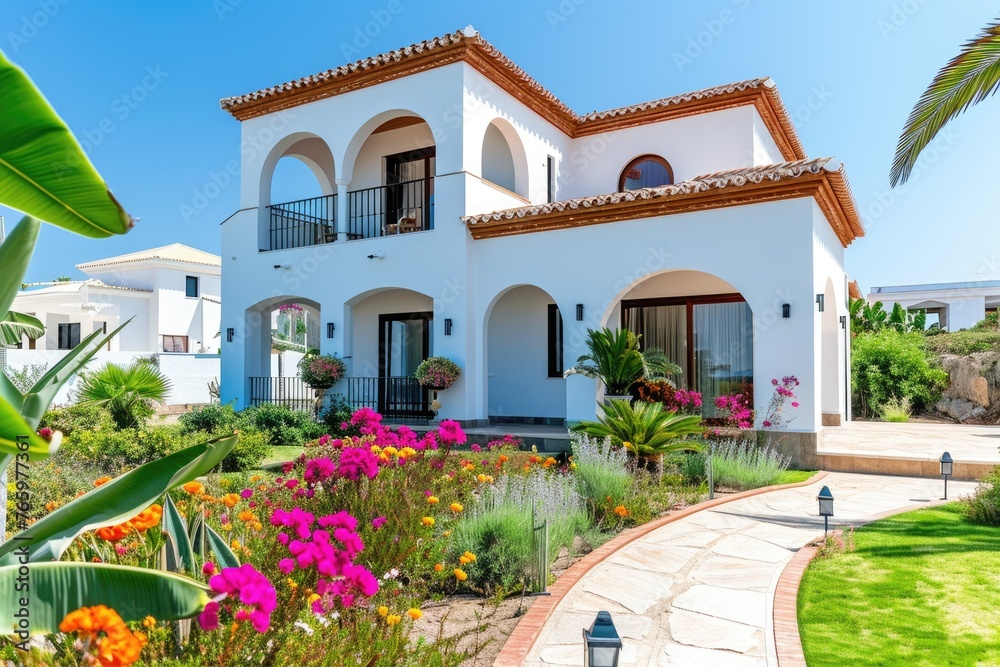 Fototapeta premium Traditional white Spanish villa adorned with a terracotta roof, surrounded by a vibrant garden and lush greenery, reflecting Mediterranean elegance..