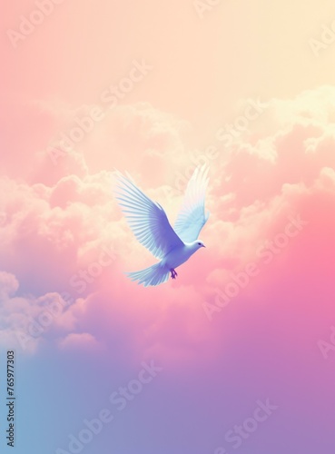 A white bird flying in the sky with pink and blue clouds. Generative AI.