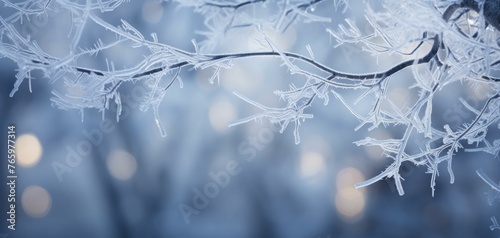 A close up of a tree branch covered in ice. Generative AI.