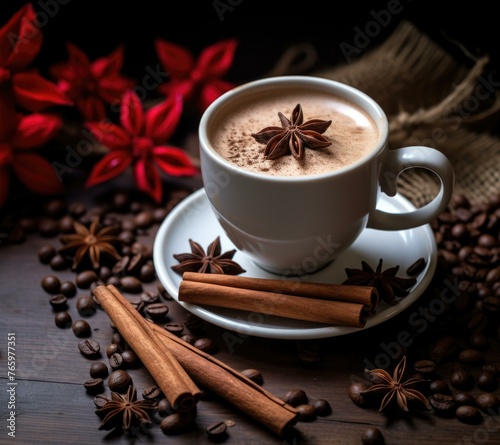 A cup of coffee with cinnamon and star anise on a wooden table. Generative AI.