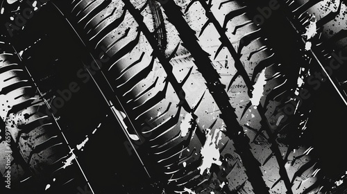 Tire tread marks, wheel textures, tire marks from off-road, rally, motocross, car racing, and other events. Grunge-inspired vector black isolated texture