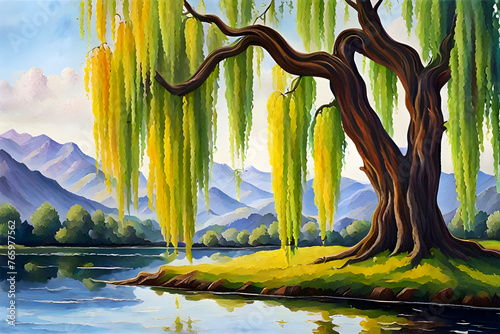 beautiful landscape watercolor painting of a weeping willow tree on a riverbank, green leaves hanging over the reflective water, mountains in the distance, on a bright summer day
