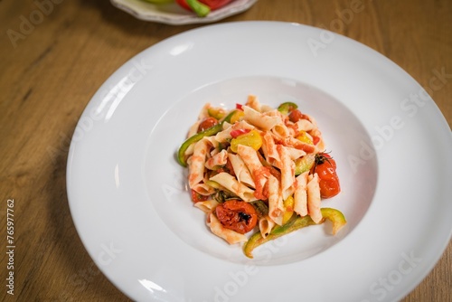 Close-Up of Penne Pasta Served in Plate in 4K Ultra HD Resolution - Stock Photography 