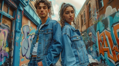 Stylish couple in matching unisex denim, urban background with graffiti, blurring gender norms.