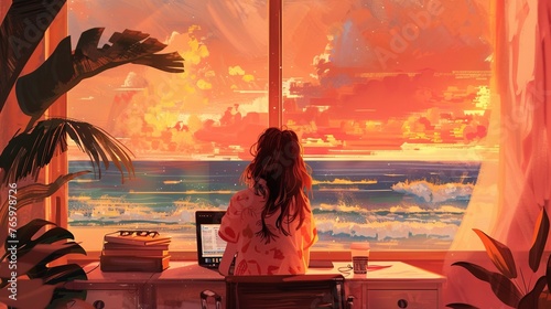 illustration of A girl is sitting in front of a desk, with a laptop in front of her, by the seaside,anime,pc, Lofigirl,Long Shot, 4K resolution, doodle, photo realistic photo