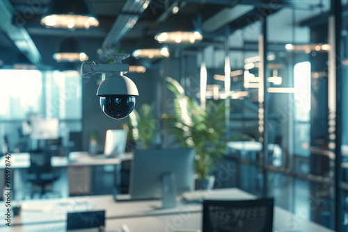 The image presents a modern surveillance camera installed in a contemporary office setting.