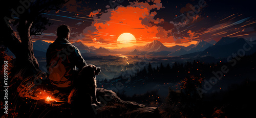 A man and his dog sit on a mountain on a dark night and look out over the night city.