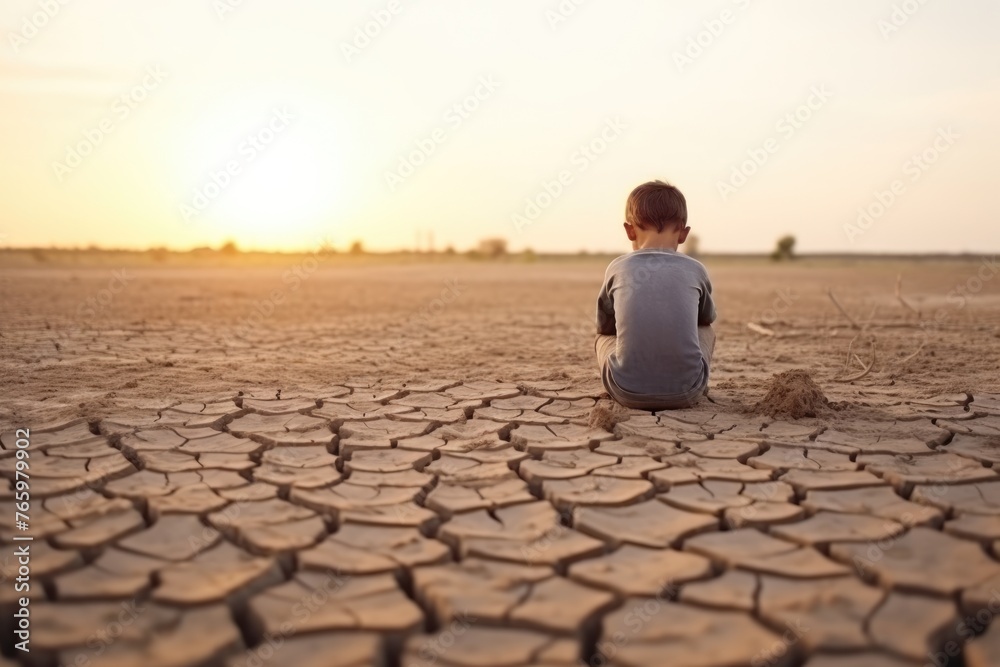 Solitary child sitting on arid ground during sunset, symbolizing hope in desolation. Young Boy Contemplating on Dry Cracked Land