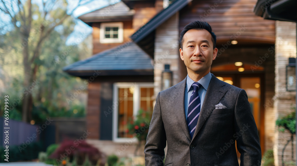 Expert Property Consultant Standing Proudly in Residential Area Expert Property Consultant Standing Proudly in Residential Area