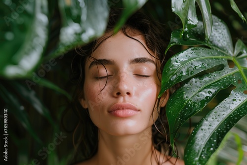 A tranquil portrait of a young woman with wet hair and fresh, dewy skin, eyes closed amidst vibrant green tropical leaves with water droplets